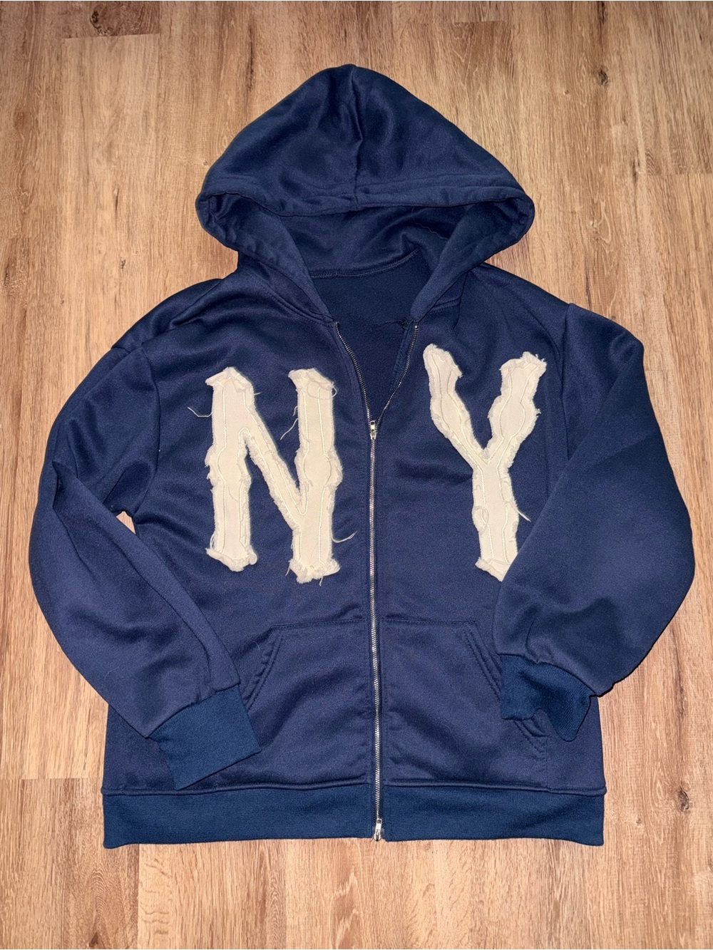 Men’s Navy Blue Hooded Zip Jacket with White NY Distressed Letters